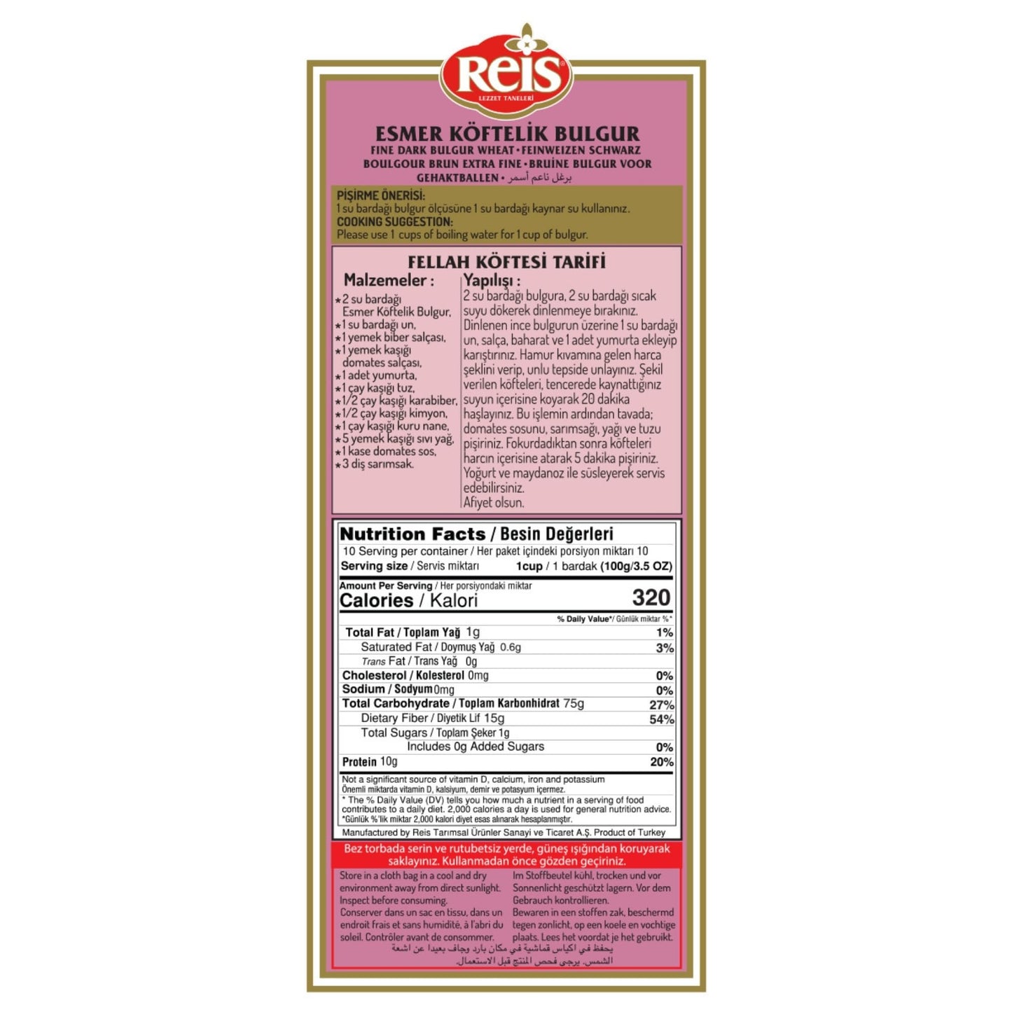 Reis Brown Fine Bulgur, Wheat Berries, Bulgur Wheat for Meatballs & Salads, Turkish Grocery Foods, High Fiber & Protein Cereal, Whole Grain Bag, Non-GMO, Bulk, Vegan, Halal, 2.2 Lb (1000g)