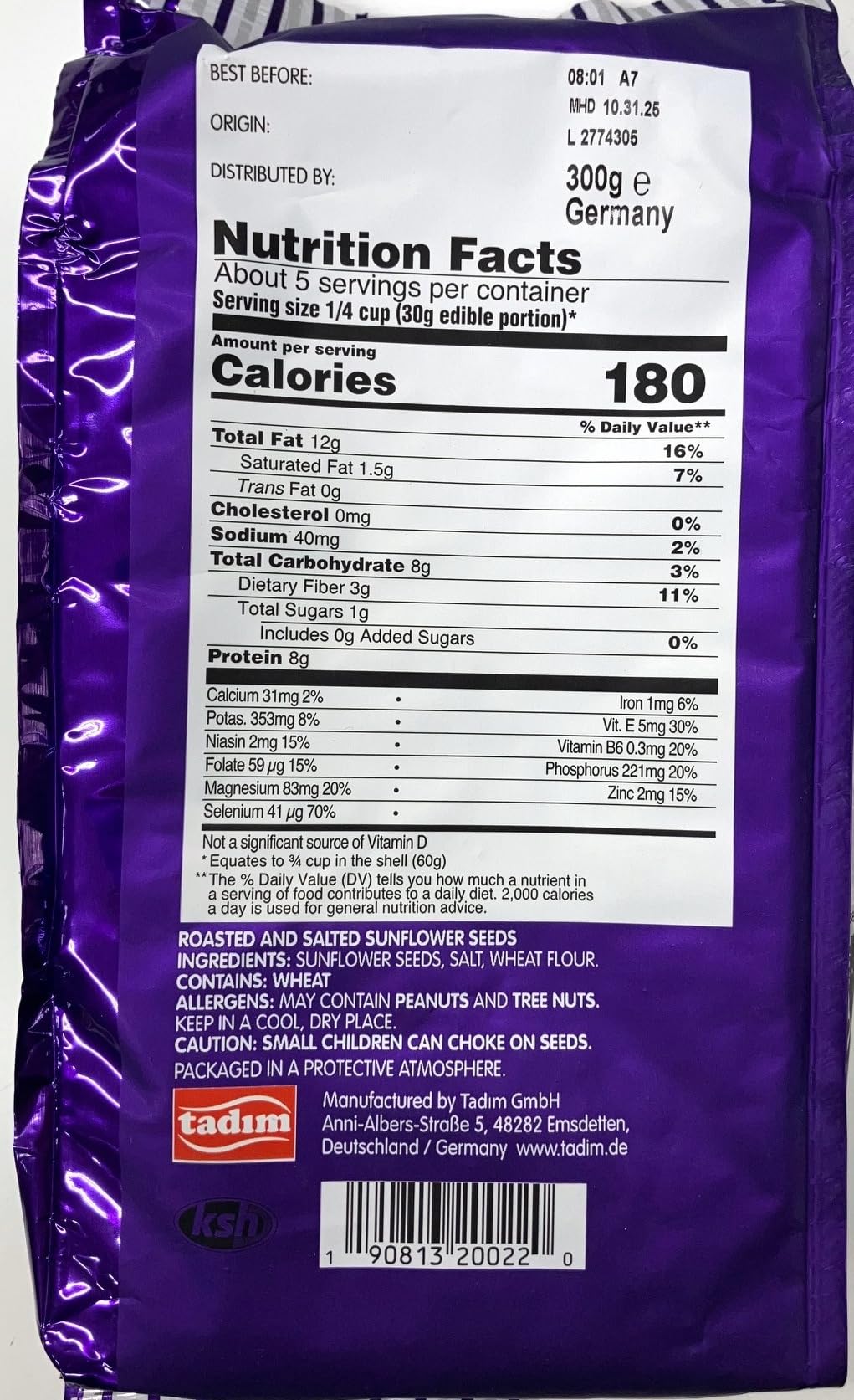 Tadimm Salted and Extra Salted Sunflower Seeds, Each 10.5 oz (300g), Total Pack of 2, From Germany