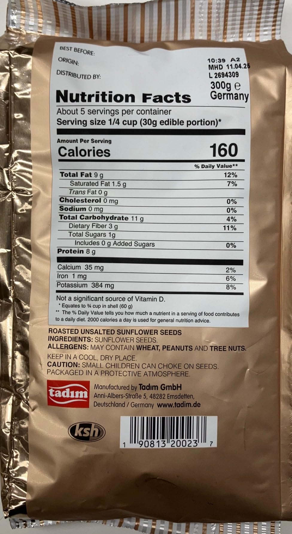 Tadim Unsalted Sunflower Seeds 10.5oz (300g) 2 packs Total 600g