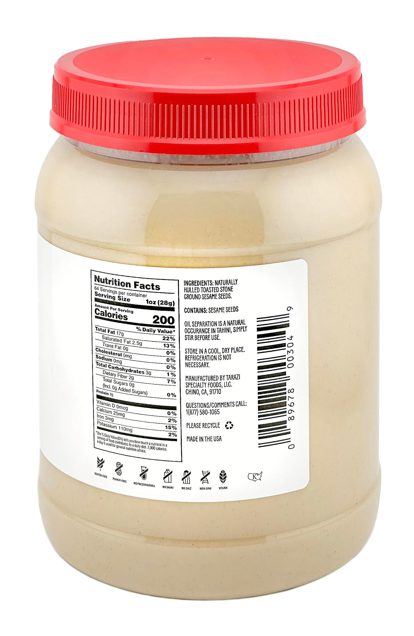 Tarazi Natural Tahini 4 Pound Glass Jar Non-Gmo Gluten-Free No-Preservatives Vegan Kosher Porduct of California