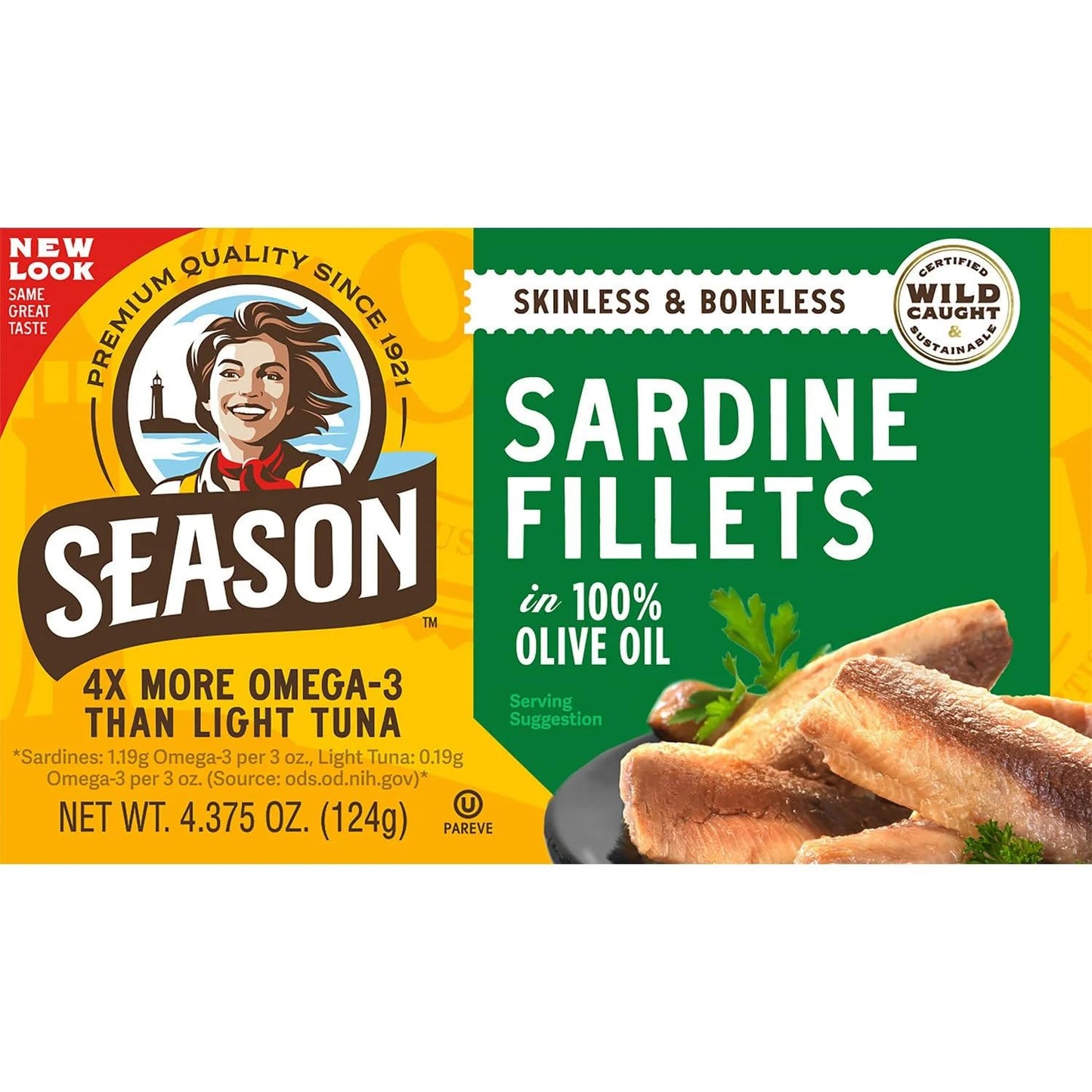 Season Sardines Skinless Boneless in 100% Olive Oil, Pack of 6, Wild-Caught, Rich in Omega-3, Ready-to-Eat, 4.375 oz Cans, High Protein, Keto Friendly Seafood