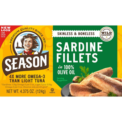 Season Sardines Skinless Boneless in 100% Olive Oil, Pack of 6, Wild-Caught, Rich in Omega-3, Ready-to-Eat, 4.375 oz Cans, High Protein, Keto Friendly Seafood