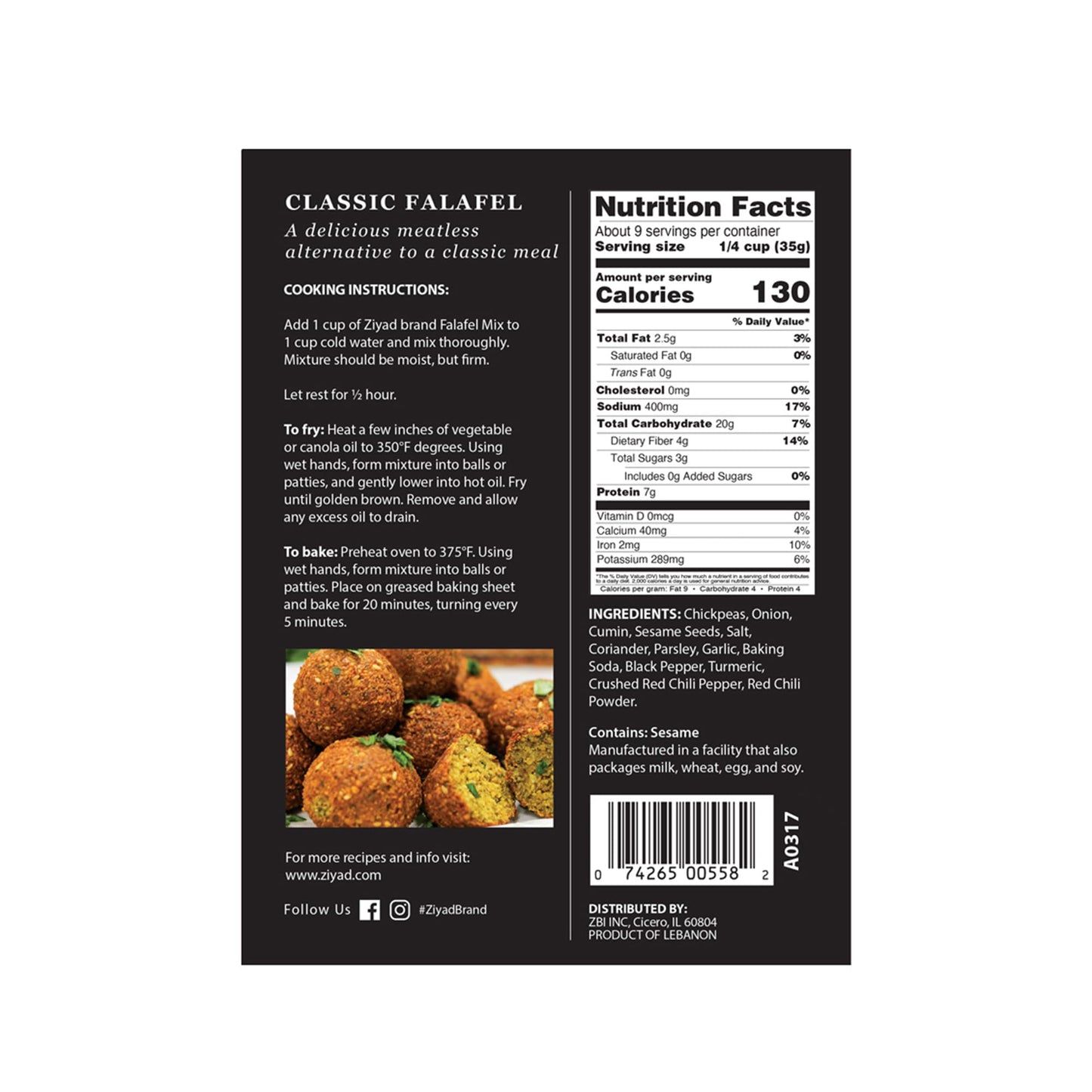 Ziyad Falafel Dry Mix, Gluten-Free, Vegan, Non-GMO, No Additives, No Preservatives, Great for Making Veggie Burgers and Snacks