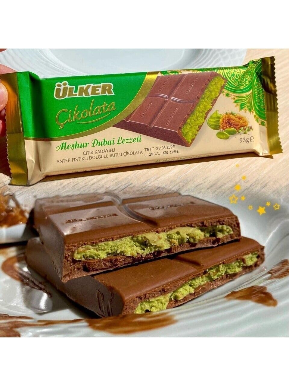 Ulker Cikolata Dubai Chocolate Bar with Kadayif and Pistachio Filling, 93g, Pack of 2