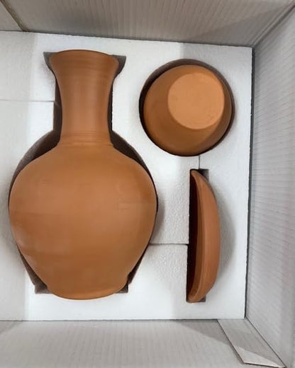 Gitty Mud Jugs with Mug and Platter, Earthen Water Carafe Set, Pottery Jar for Drinking Water, 76 oz