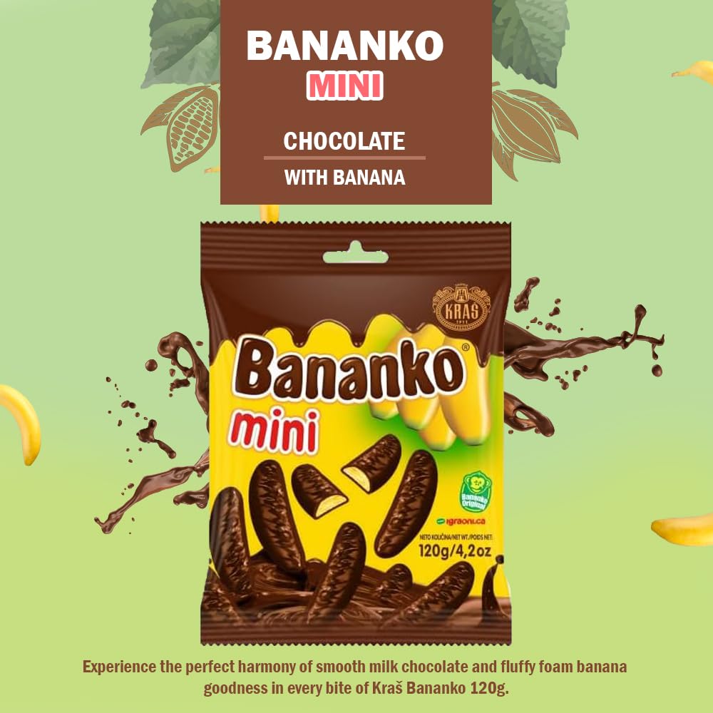Kraš Bananko 120g - Irresistibly Delicious Mini Chocolate Covered Foam Bananas - Treat Yourself to Every Bite of Sweet Bliss! Pack of 5
