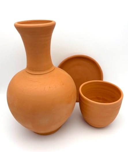 Gitty Mud Jugs with Mug and Platter, Earthen Water Carafe Set, Pottery Jar for Drinking Water, 76 oz