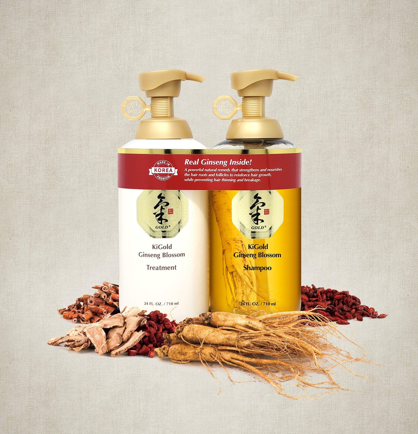Daeng Gi Meo Ri - Ki Gold Ginseng Blossom Shampoo & Treatment Set, Real Ginseng Inside, Herbal Shampoo, Hair Growth, Preventing Hair Loss, 710ml each