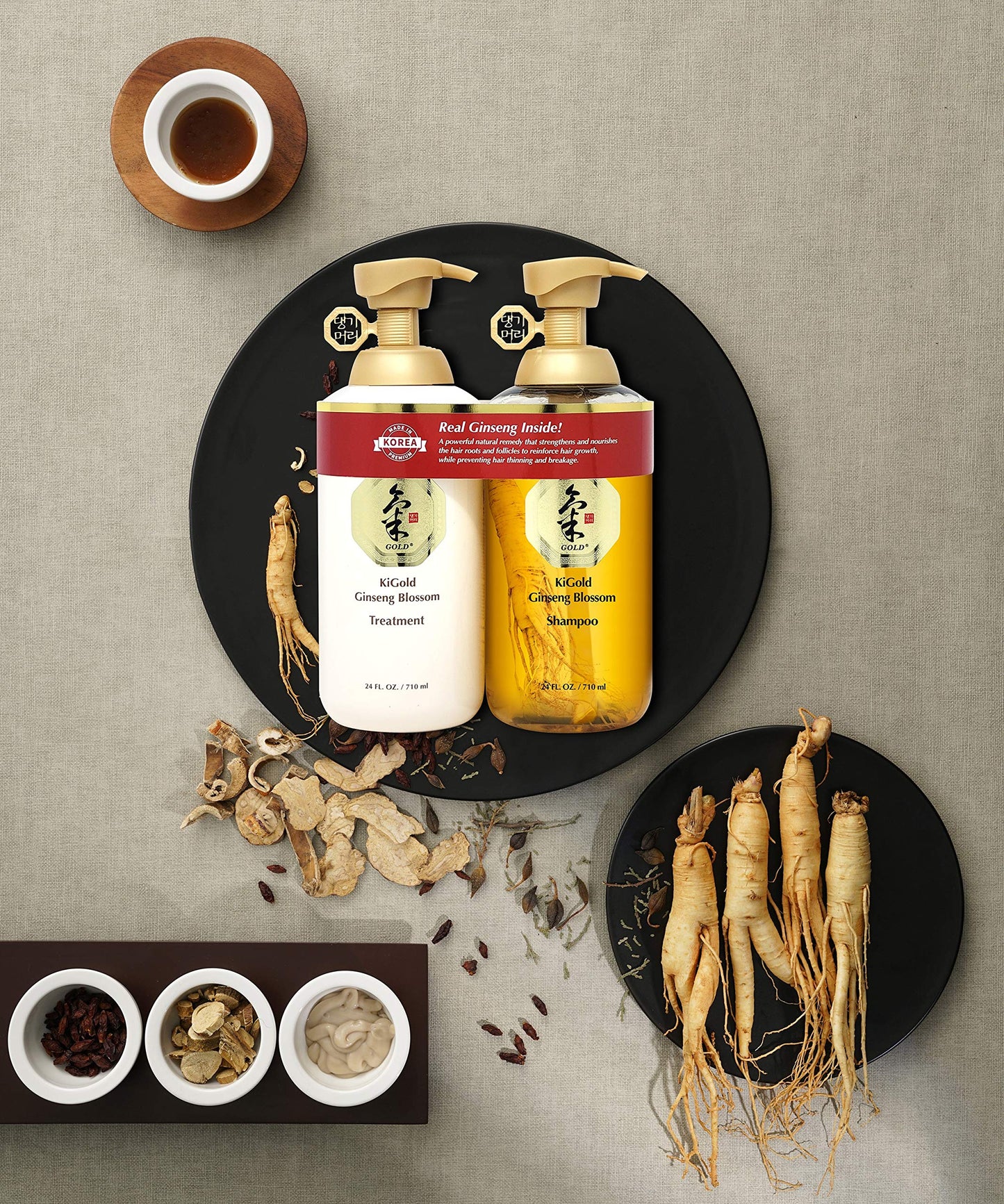 Daeng Gi Meo Ri - Ki Gold Ginseng Blossom Shampoo & Treatment Set, Real Ginseng Inside, Herbal Shampoo, Hair Growth, Preventing Hair Loss, 710ml each