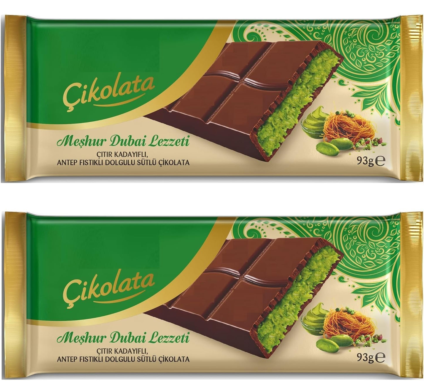 Ulker Cikolata Dubai Chocolate Bar with Kadayif and Pistachio Filling, 93g, Pack of 2