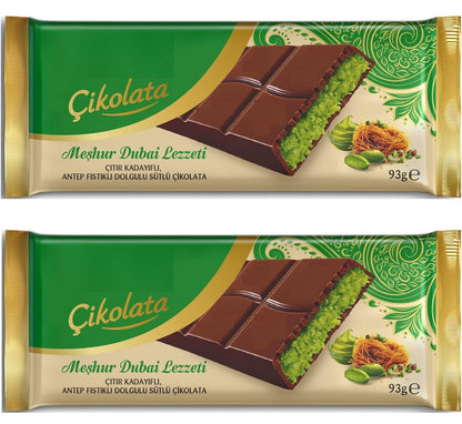 Ulker Cikolata Dubai Chocolate Bar with Kadayif and Pistachio Filling, 93g, Pack of 2