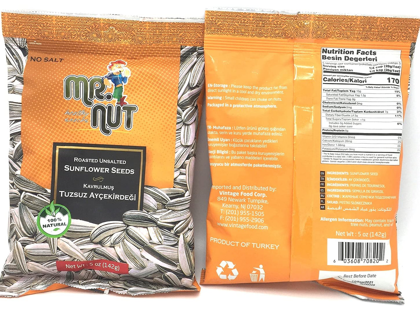 Mr. Nut Mr Nut Roasted UNSALTED SunFlower Seeds 5 oz,PACK of 2 (Aycicek cekirdegi)