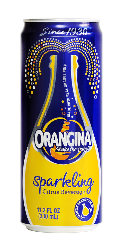 Orangina - Citrus Sparkling Juice Beverage - Light Pulp - Original Imported European French Recipe - No Artificial Ingredients - (Pack of 24) (11.2 oz Can)