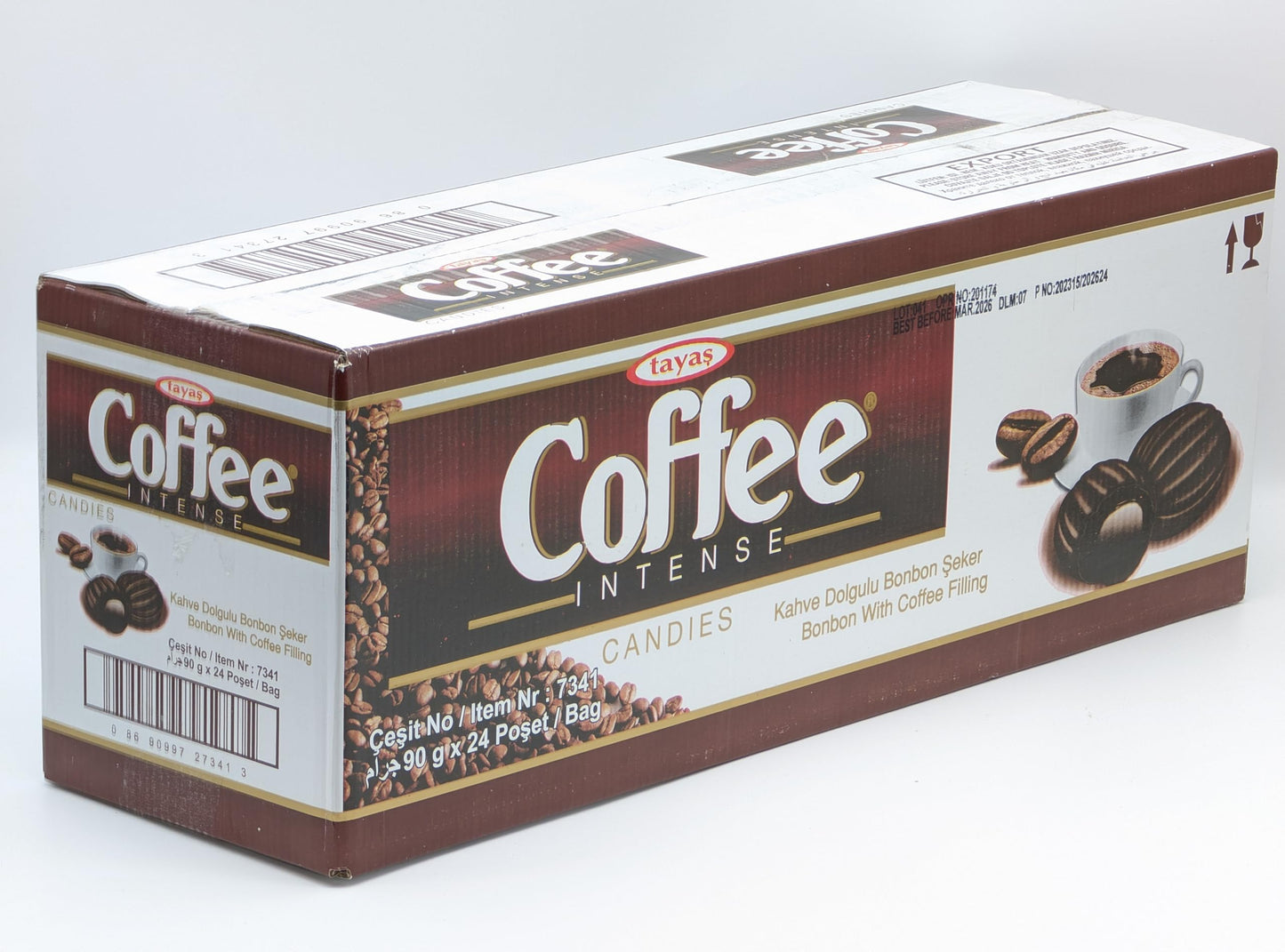 TAYAS Coffee Intense Hard Candies with Coffee Filling, 90g Bags (18 pcs), Box of 24 Bags