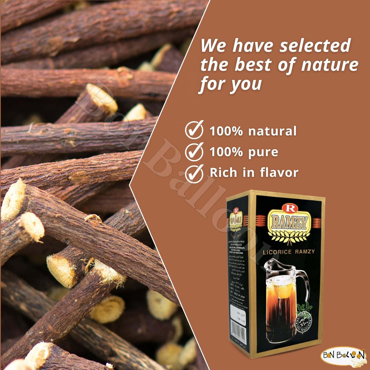 bonballoon 100 Organic & Natural Pure Fine Premium Licorice Ramzy Ready To Mix Drink Raw Glycyrrhiza Glycyrrhizin Glabra Egyptian Tea Herbal Spices Herbs (1Pack = 7.05oz 200gm)