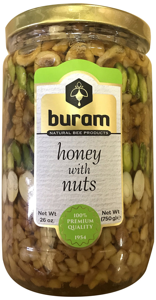 Buram Honey with Nuts, Premium Quality Honey Dipped Mix Nuts with Gourmet Savory Flavor, Great for Snacking, Spread and Baking, Resealable Jar