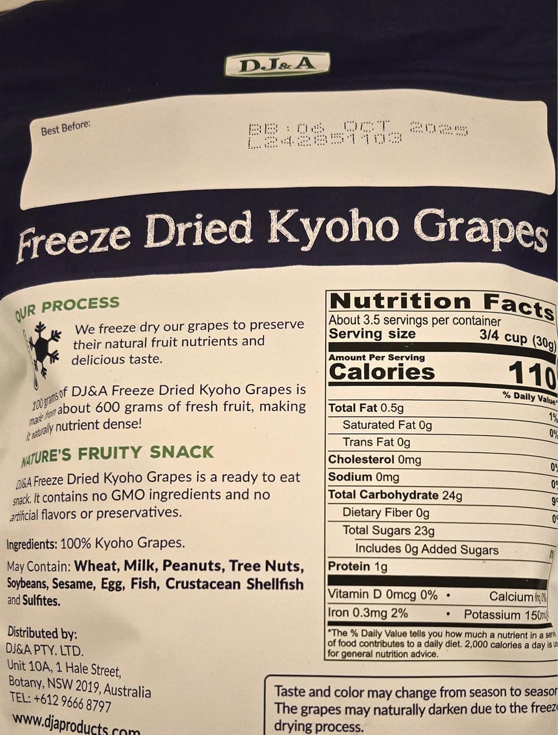 DJ&A Freeze Dried Kyoho Grapes, Ready to Eat Snack, 3.52 oz
