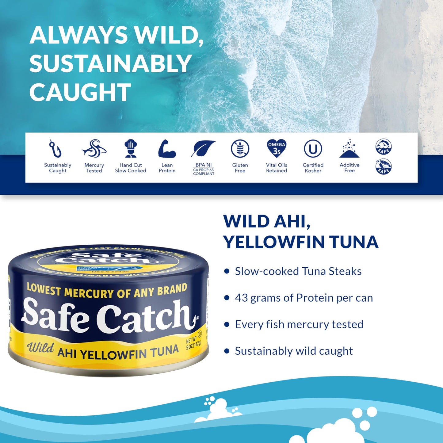 Safe Catch Wild Ahi Yellowfin Tuna Fish, Wild Caught, Lowest Mercury, Lean Protein, Omega 3, Gluten-Free, Kosher