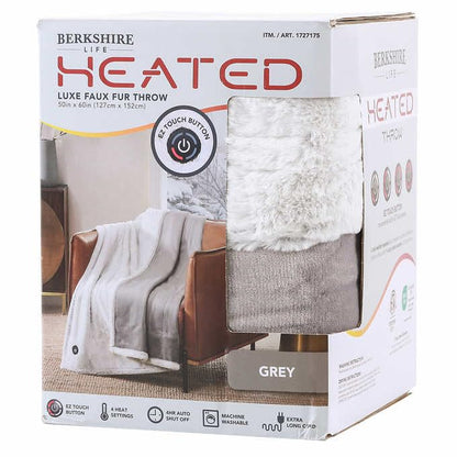 Berkshire Life Heated Throw - 50 in X 60 in Electric Blanket - EZ Touch Button - 4 Heat Settings - Machine Washable - Extra Long Cord - Reversable White Luxe Faux Fur to Color - Grey