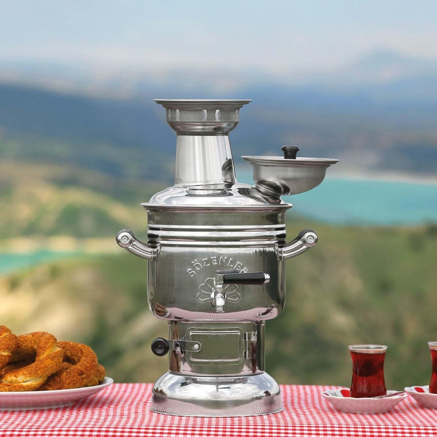 semaver turkish samovar sözenler brand chrome 2,5 L./85 Oz free energy water heater and tea maker for boat camping hiking hunting yachting Tea Kettle (aluminum teapot is included)