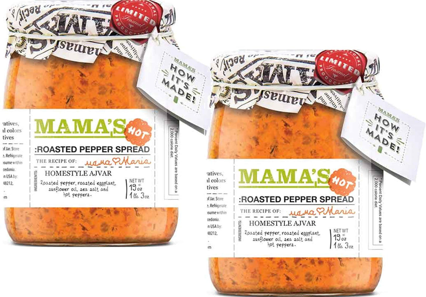 Mama's Home style Roasted Pepper Red Ajvar Spread, Two 19 oz. Jars