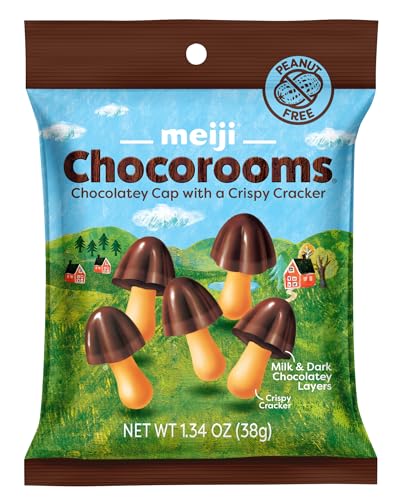 Meiji Chocorooms Crispy Crackers, Milk and Dark Chocolate Combination - 1.34 oz, Pack of 8 - Bite Sized Crackers in Fun Mushroom Shapes