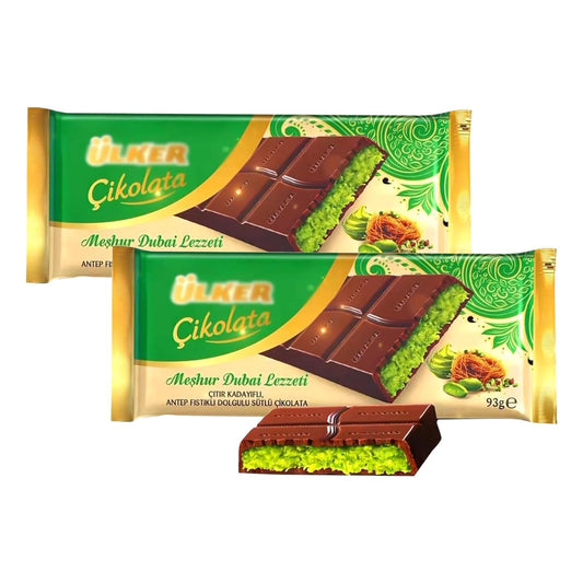 Ulker Cikolata Dubai Chocolate Bar with Kadayif and Pistachio Filling, 93g, Pack of 2