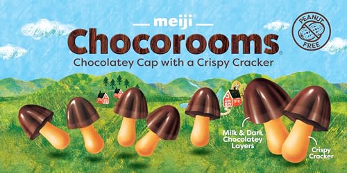 Meiji Chocorooms Crispy Crackers, Milk and Dark Chocolate Combination - 1.34 oz, Pack of 8 - Bite Sized Crackers in Fun Mushroom Shapes