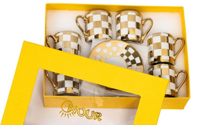 Nour Bone China Coffee Cup & Saucer Style 2500K, 6 Cups & 6 Saucer Turkish Greek Coffee, Espress, Porcelain, Coffee Set, Stylish