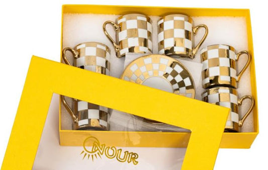 Nour Bone China Coffee Cup & Saucer Style 2500K, 6 Cups & 6 Saucer Turkish Greek Coffee, Espress, Porcelain, Coffee Set, Stylish