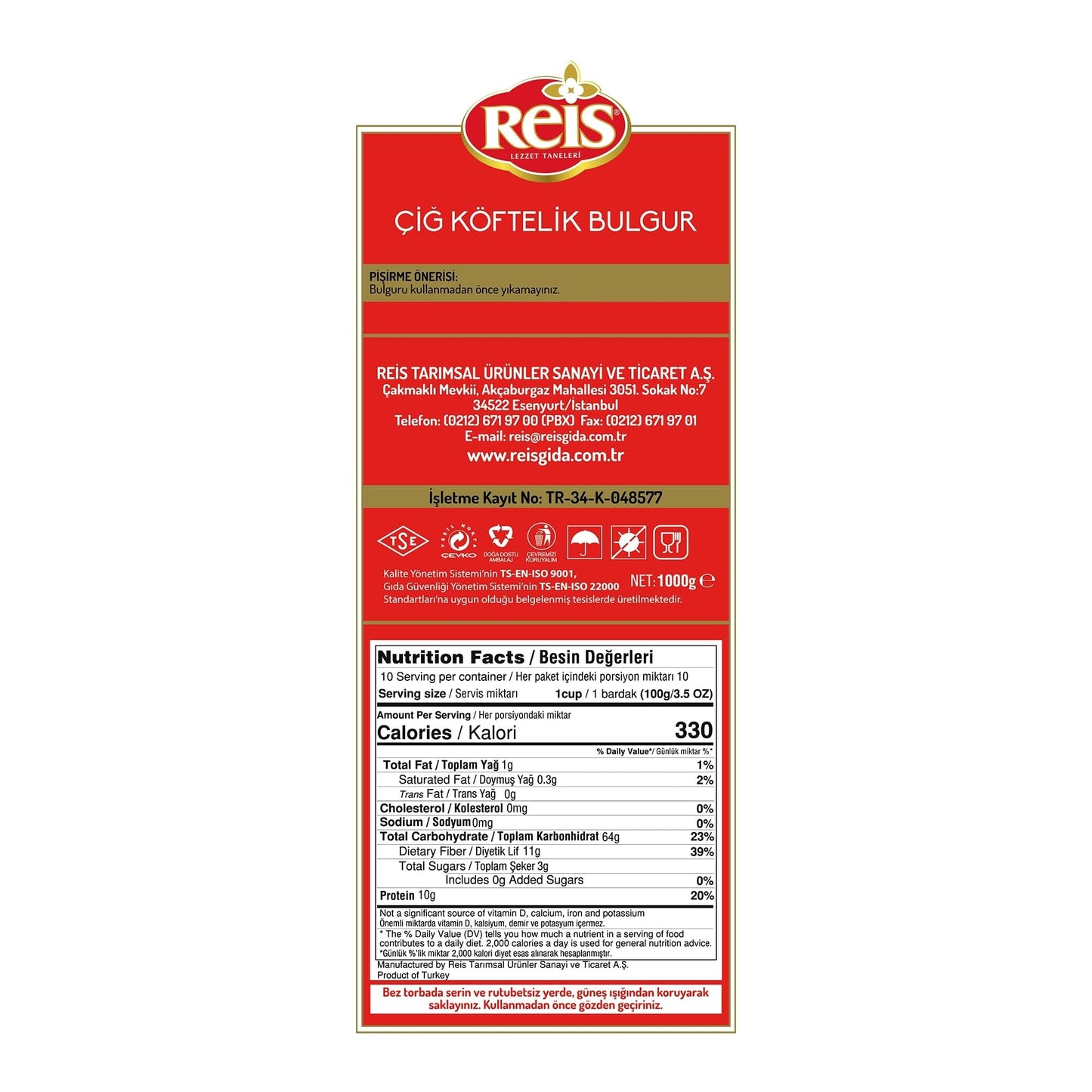 Reis Extra Fine Bulgur, Wheat Berries, Bulgur Wheat for Salads, Tabouleh & Meals, Turkish Grocery Foods, High Fiber & Protein Cereal, Whole Grain Bag, Non-GMO, Bulk, Vegan, Halal, 2.2 Lb (1000g)