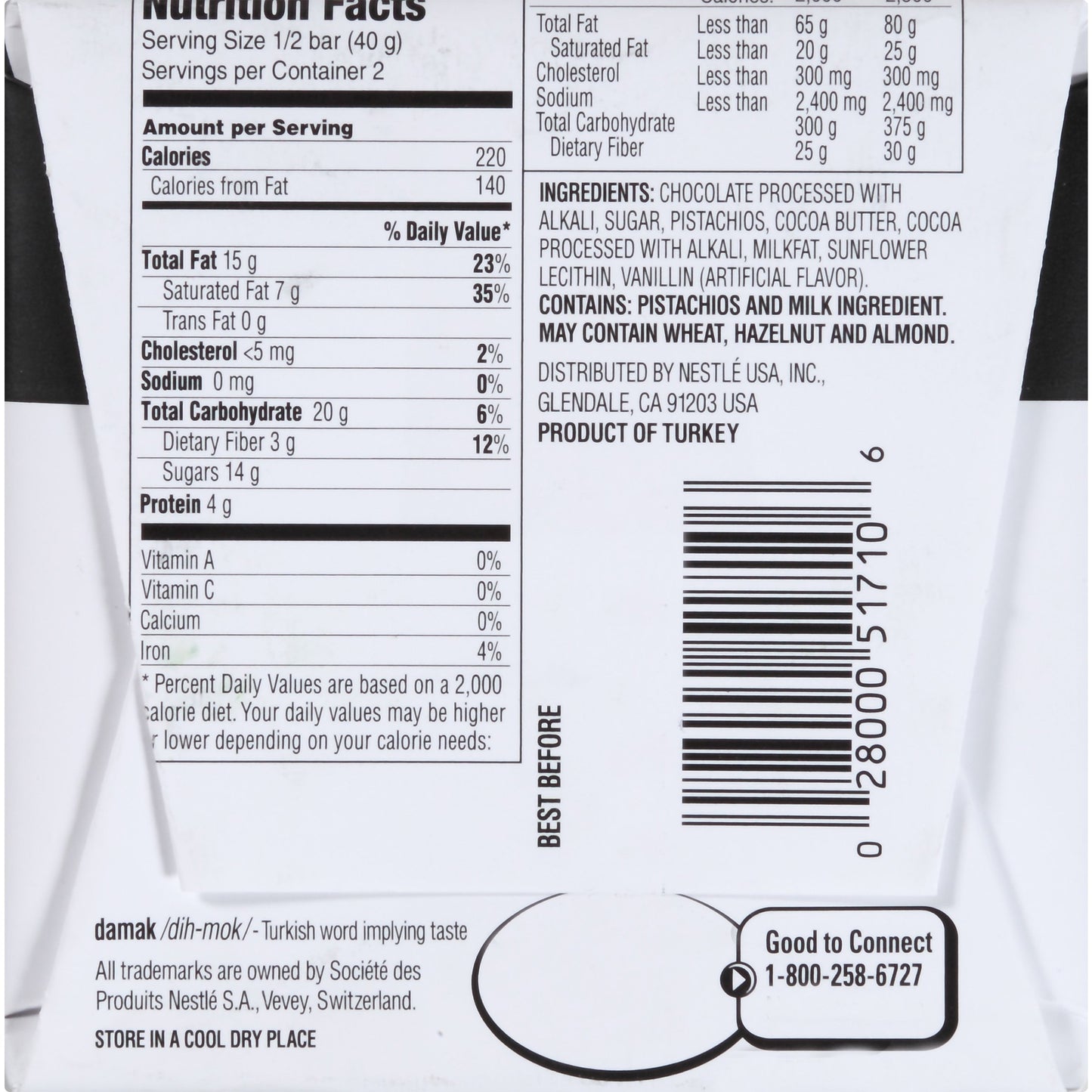 Nestle Damak Dark Chocolate with Pistachios, 2.46 Ounce