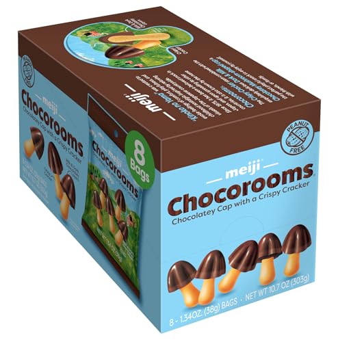 Meiji Chocorooms Crispy Crackers, Milk and Dark Chocolate Combination - 1.34 oz, Pack of 8 - Bite Sized Crackers in Fun Mushroom Shapes