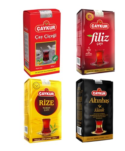 ÇAYKUR Premium Turkish Black Tea Bundle, Filiz, Caycicegi, Altinbas & Rize, Traditional Loose Leaf Black Tea, Set of 4 each 500g / 17.6 Oz