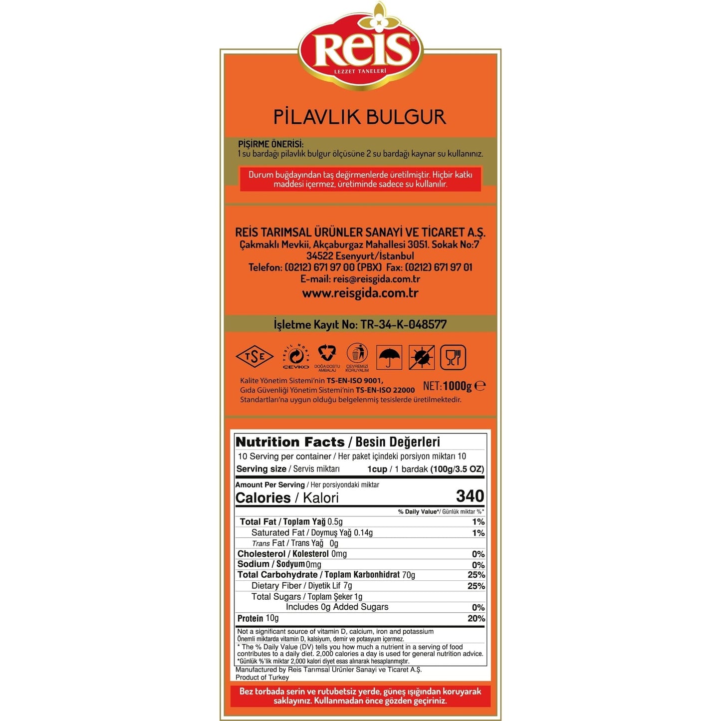 Reis Coarse Bulgur, Wheat Berries, Bulgur Wheat for Pilafs, Meals & Soups, Healthy Pantry Staples, Turkish Grocery Foods, High Fiber & Protein Cereal, Whole Grain Bag, Vegan, Halal, 2.2 Lb (1000g)