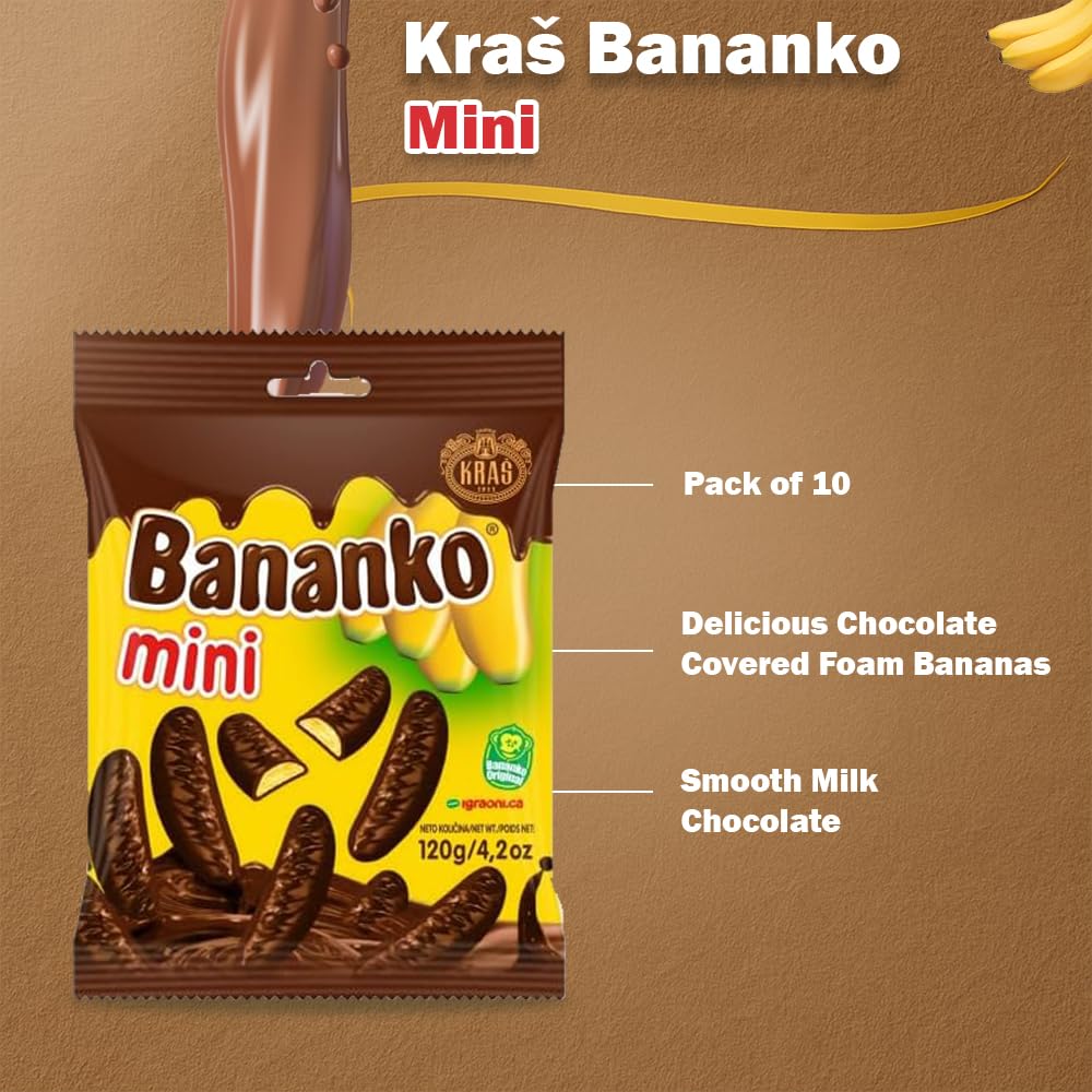 Kraš Bananko 120g - Irresistibly Delicious Mini Chocolate Covered Foam Bananas - Treat Yourself to Every Bite of Sweet Bliss! Pack of 5