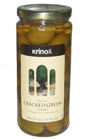 Greek Green Cracked Olives - Krinos - 1 lb jar