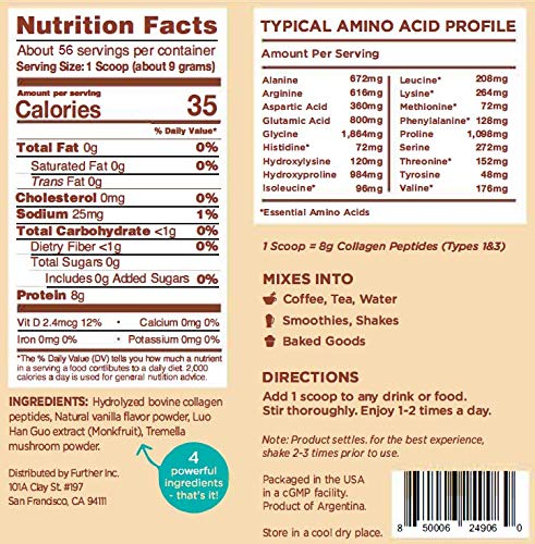 Vanilla Collagen Peptides Powder Supplement Plus Tremella Mushroom - Grass Fed Pasture-Raised Type 1 & 3 Premium Collagen, 56 Servings