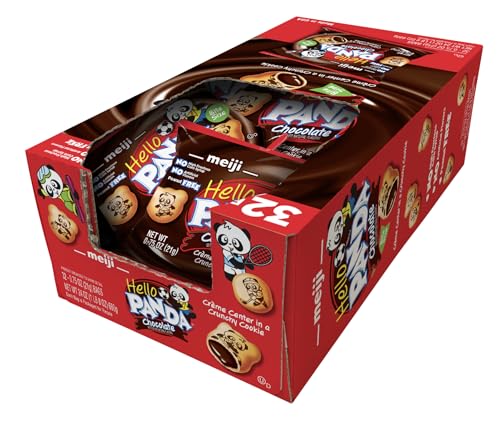Meiji Hello Panda Cookies, Chocolate Crème Filled - 32 Count, 0.75oz Packages - Bite Sized Cookies with Fun Panda Sports