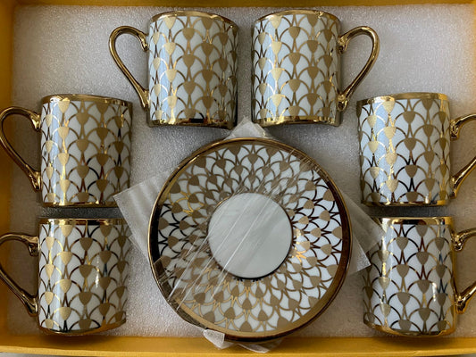 Nour Bone China Coffee Cup & Saucer Style N 6 Cups & 6 Saucer Turkish Greek Coffee, Espress, Porcelain, Coffee Set, Stylish