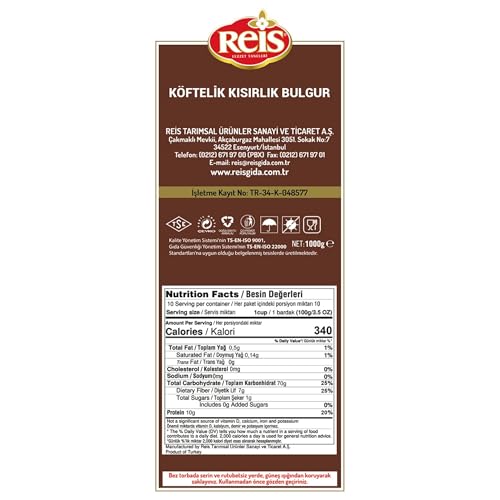 Reis Fine Bulgur, Wheat Berries, Bulgur Wheat for Salads, Meatballs & Meals, Turkish Grocery Foods, High Fiber & Protein Cereal, Whole Grain Bag, Non-GMO, Bulk, Vegan, Halal 2.2 Lb (1000g)