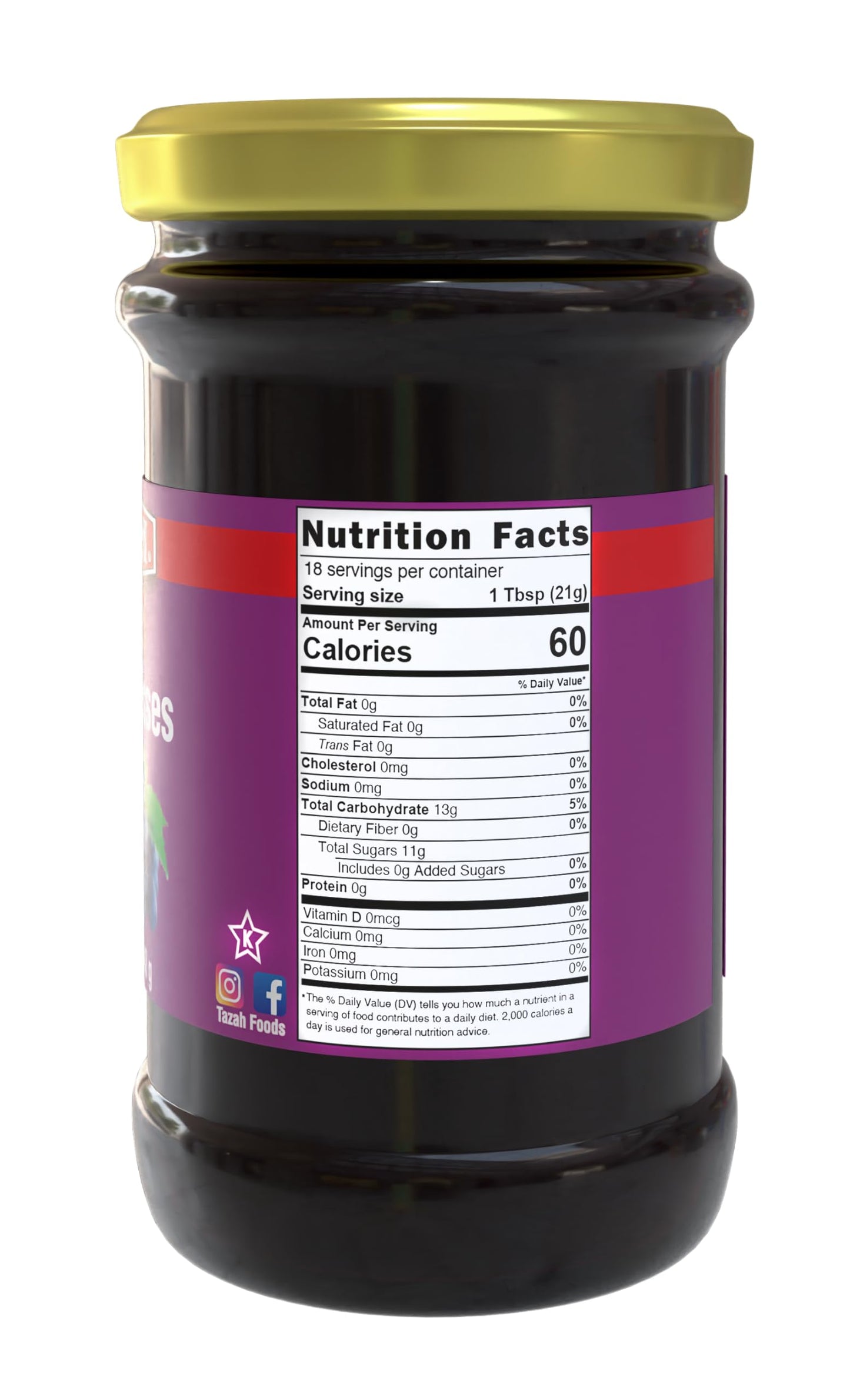 Tazah Grape Molasses 13.4 Oz (380g) Turkish Grape Molasses in Glass Jar - Kosher