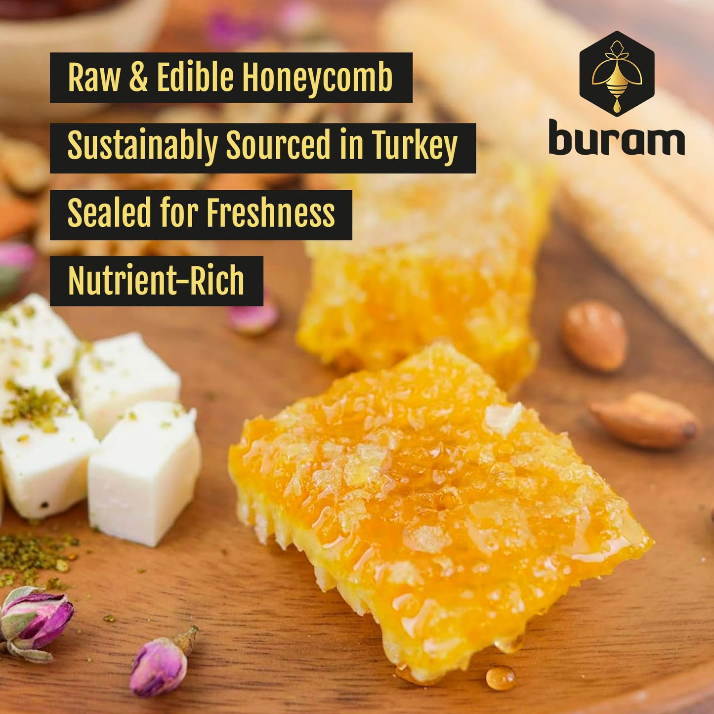Buram Gourmet Raw Honeycomb | All-Natural | Pure Unfiltered | Edible Wax | No Additives, No Preservatives | Harvested from Turkish Mountains |
