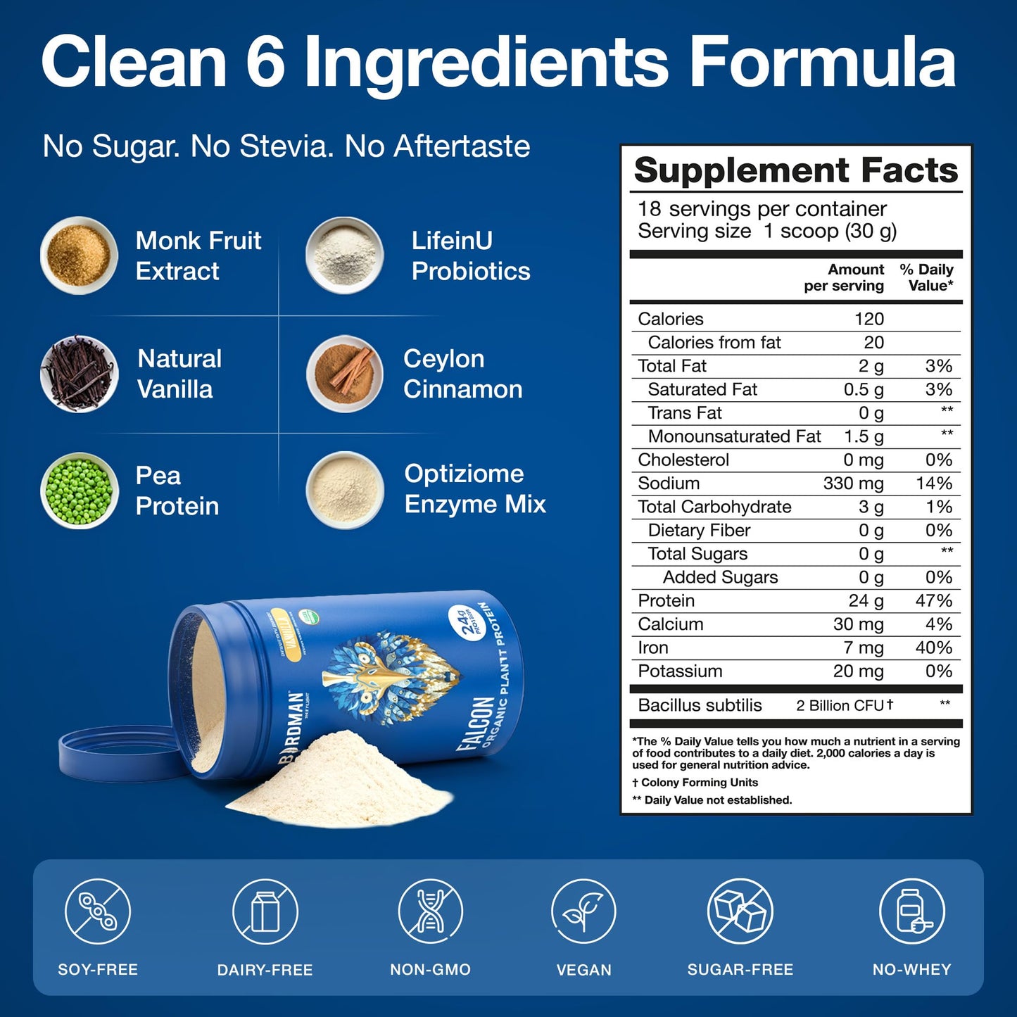 BIRDMAN Falcon Vegan Protein Powder Organic, Stevia & Sugar Free, Plant Based Protein, Low Carb, Dairy Free, Keto, Non Whey Protein, Probiotic, Pea Protein | Vanilla Flavor