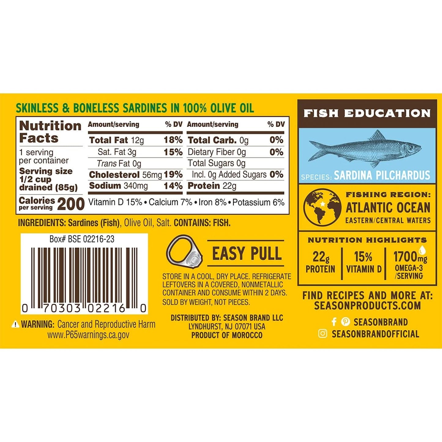 Season Sardines Skinless Boneless in 100% Olive Oil, Pack of 6, Wild-Caught, Rich in Omega-3, Ready-to-Eat, 4.375 oz Cans, High Protein, Keto Friendly Seafood