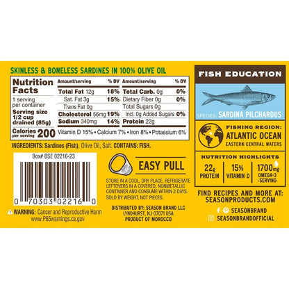 Season Sardines Skinless Boneless in 100% Olive Oil, Pack of 6, Wild-Caught, Rich in Omega-3, Ready-to-Eat, 4.375 oz Cans, High Protein, Keto Friendly Seafood