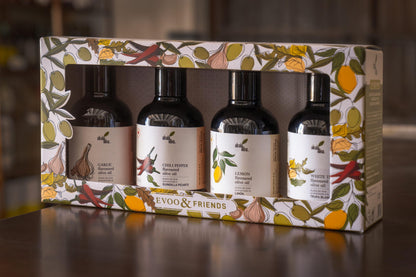 FLAVOURED OLIVE OIL GIFT BOX | EVOO & FRIENDS | 4 x 8.5 fl oz | 4 VARIETIES | Pack of 1