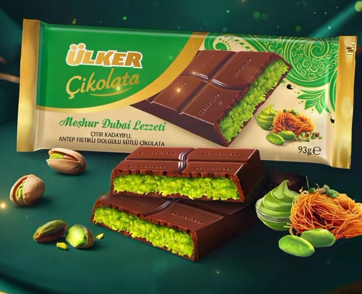 Ulker Cikolata Dubai Chocolate Bar with Kadayif and Pistachio Filling, 93g, Pack of 2