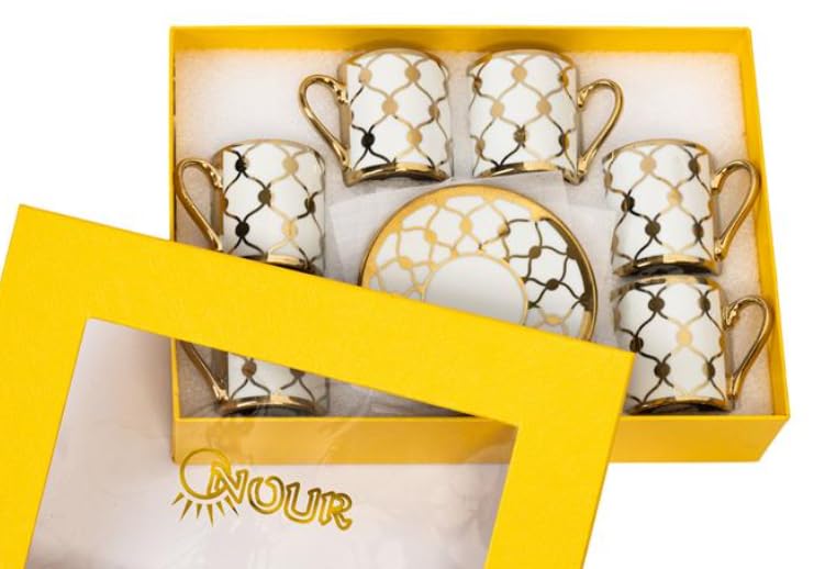 Nour Bone China Coffee Cup & Saucer Style 2500-L 6 Cups & 6 Saucer Turkish Greek Coffee, Espress, Porcelain, Coffee Set, Stylish