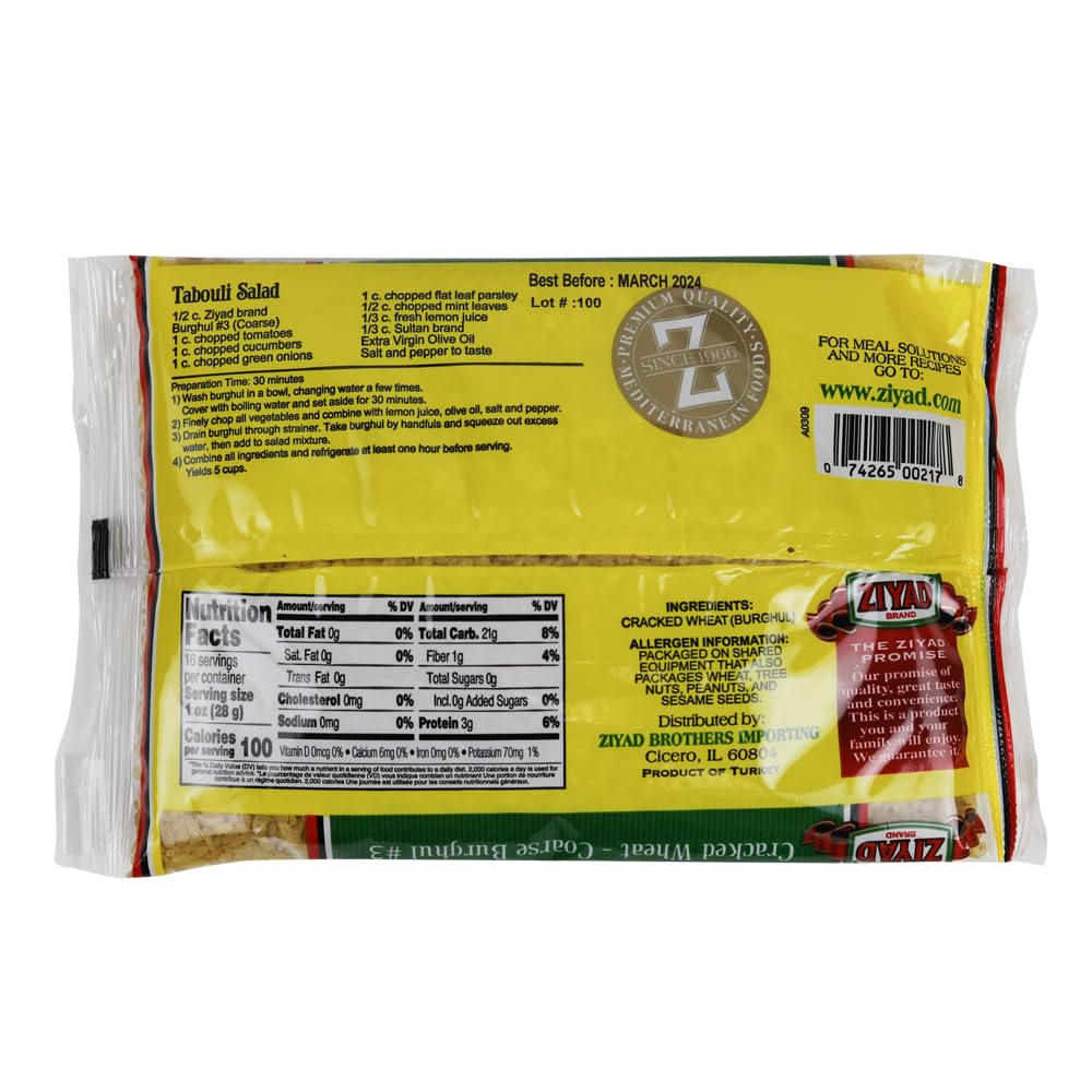 Ziyad Wheat Bulgur – Fiber-Rich Whole Grain, Nutty Flavor & Chewy Texture – Ideal for Tabbouleh, Kibbeh, Curries, Soups & Salads – Easy 30-Minute Prep, Vegan